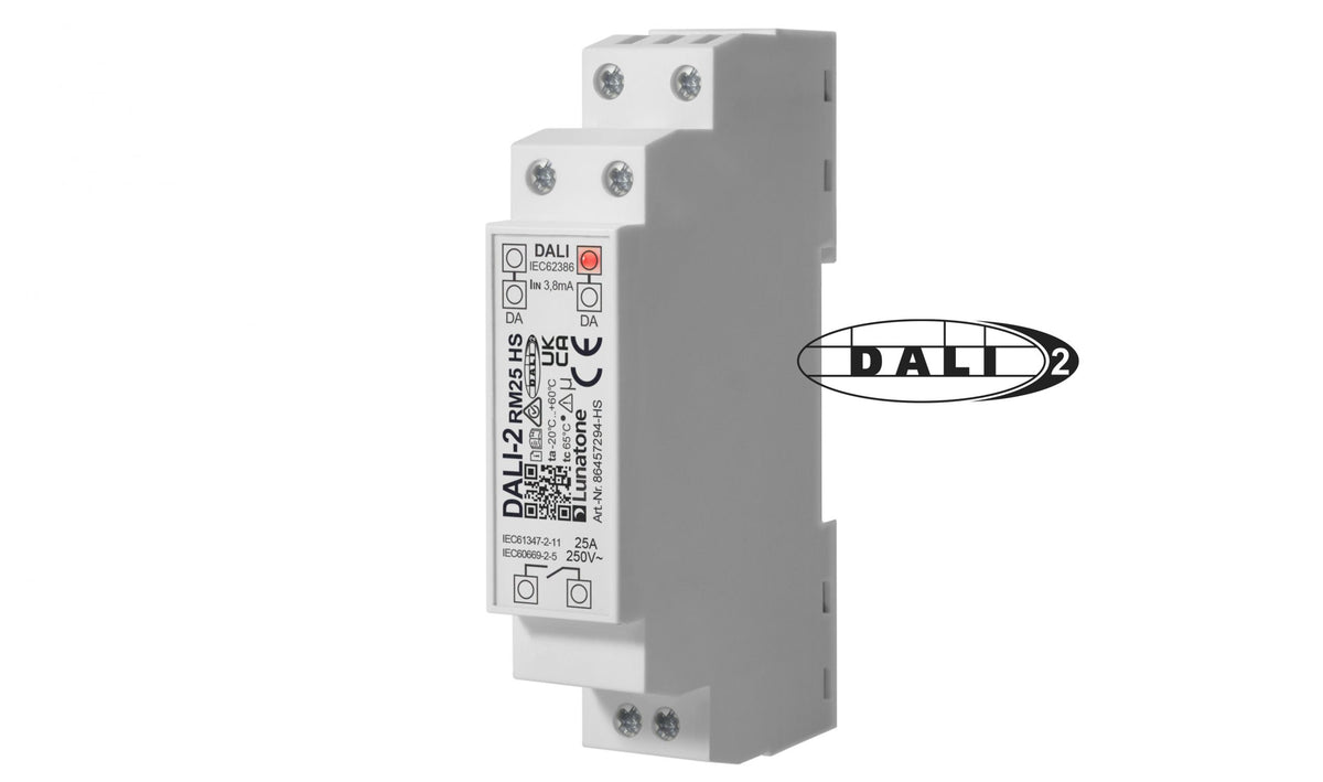DALI-2 high-power relay 25 A, 1000 A inrush, DIN rail – Lunatone