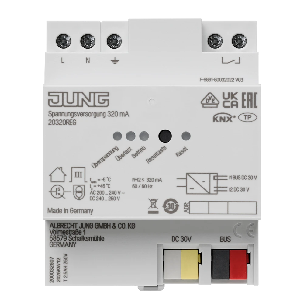 KNX power supply, 320 mA, rail mounting device, 4 rail units