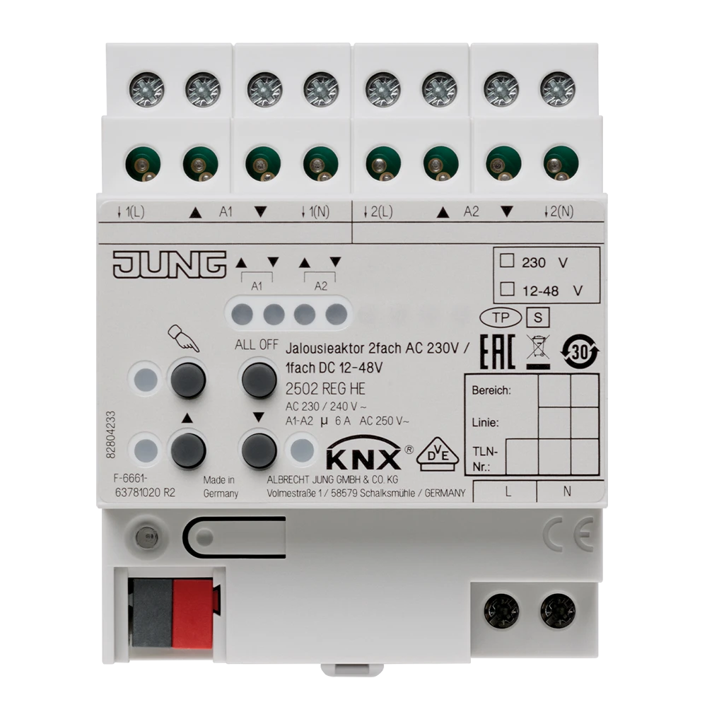 KNX blinds actuator, 2-gang AC 110-230 V, 1-gang DC 12-48 V, rail mounting device, 4 rail units