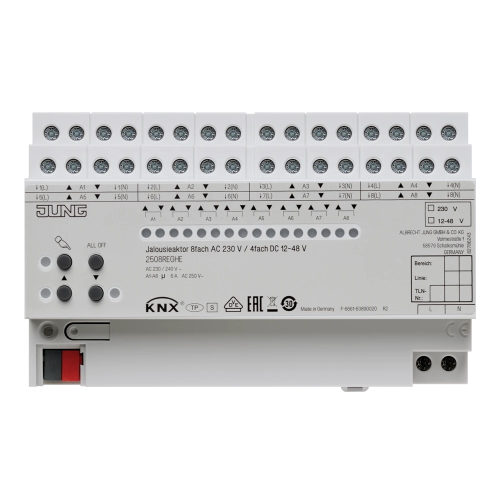 KNX blinds actuator, 8-gang AC 110-230 V, 4-gang DC 12-48 V, rail mounting device, 8 rail units