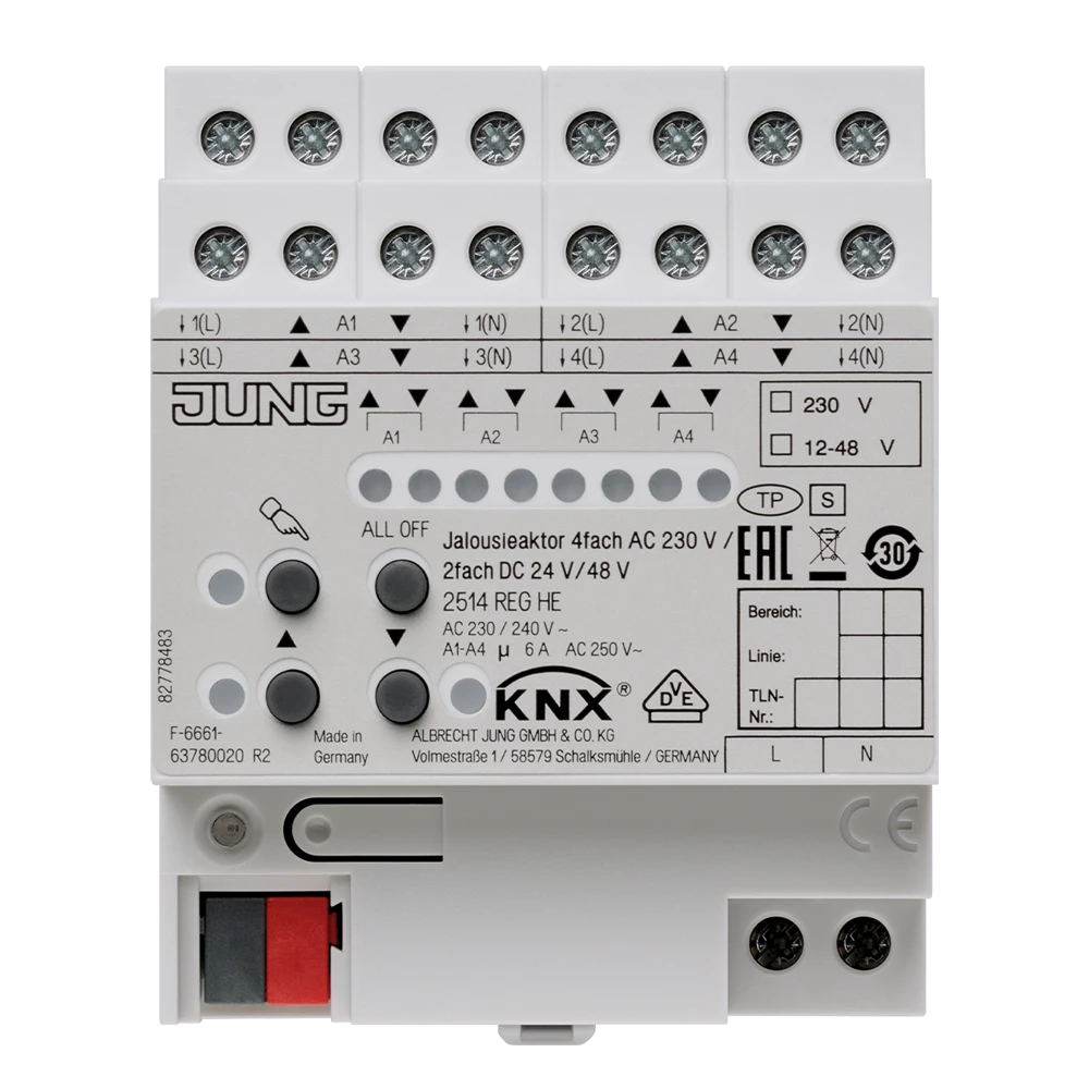 KNX blinds actuator, 4-gang AC 110-230 V, 2-gang DC 12-48 V, rail mounting device, 4 rail units