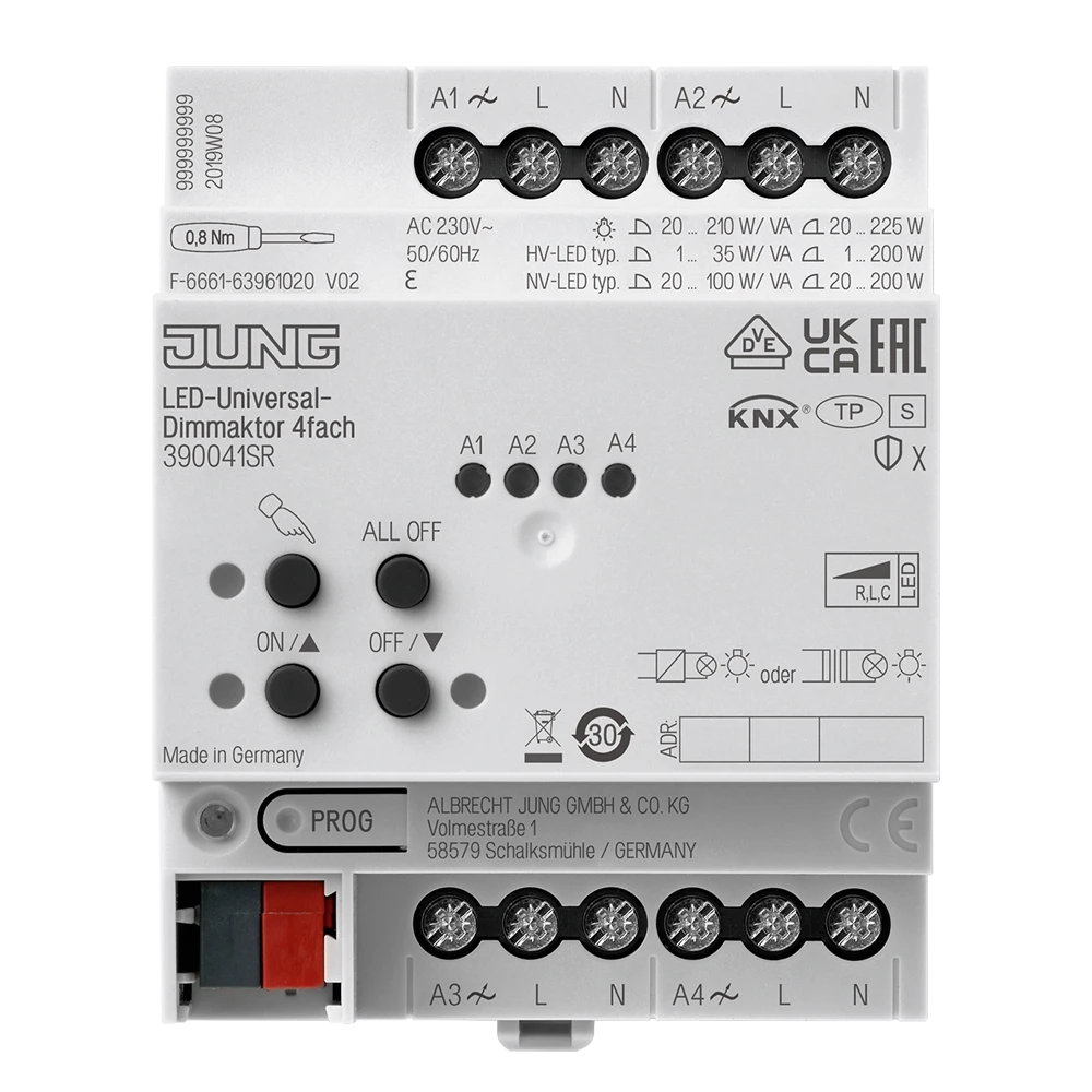 KNX LED universal dimming actuator, 4-gang, rail mounting device, 4 rail units