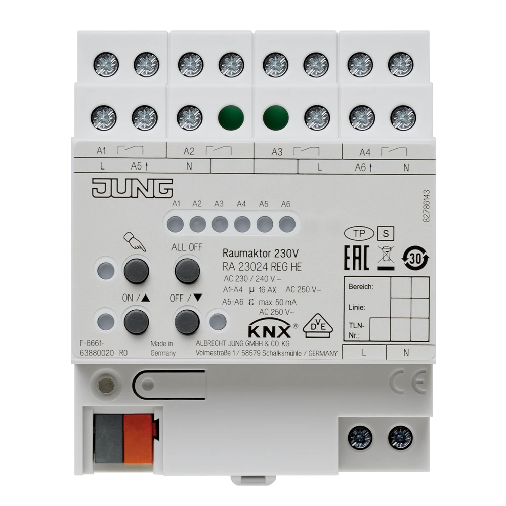 KNX room actuator 110-230 V, 16 A / max. 140 µF, rail mounting device, 4 rail units
