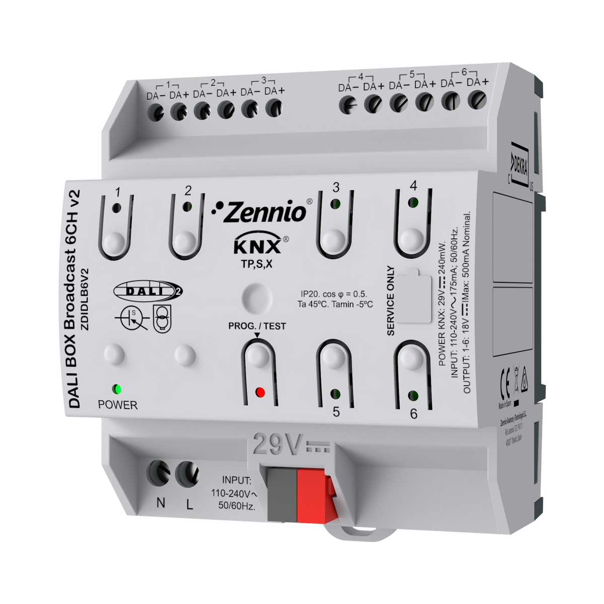 DALI BOX Broadcast 6CH v2. KNX-DALI Broadcast Interface to control up to 250 ballasts in 6 channels by Zennio