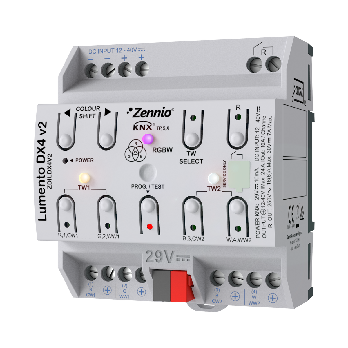 Lumento DX4 v2. 4-channel constant voltage PWM dimmer in DIN rail for DC LED loads. by Zennio