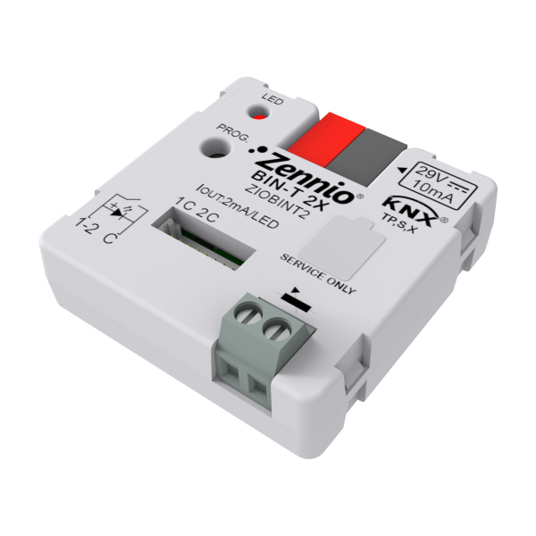 BIN-T 2X. Universal Interface 2 binary inputs/LED outputs and 1 temperature sensor input. by Zennio
