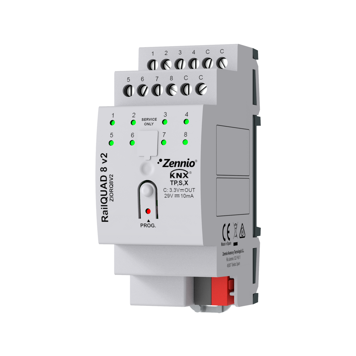 RailQUAD 8 v2. Input module with 8 analog-digital inputs for DIN rail with status indicator LEDs. by Zennio