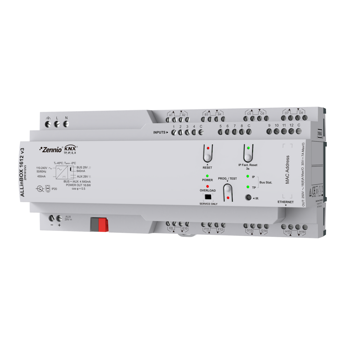 ALLinBOX 1612 v3. Multifunction device with KNX power supply, KNX-IP Interface, 16 outputs/12 inputs and logic module by Zennio