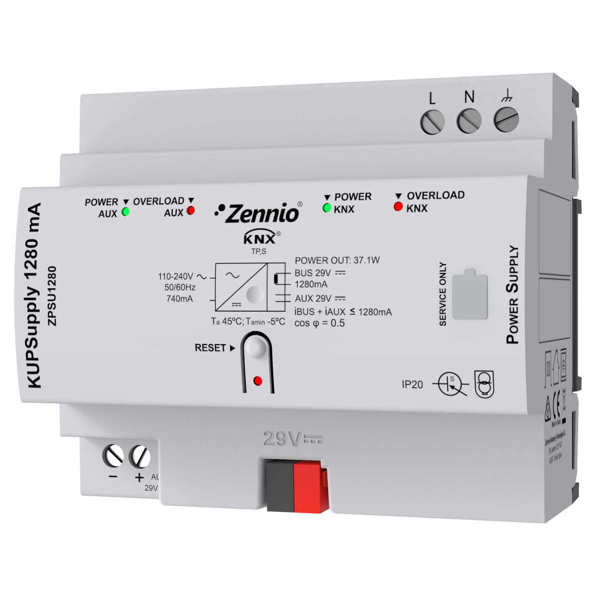 KUPSupply 1280mA. KNX Universal power supply 1280mA plus 29VDC auxiliary power supply by Zennio