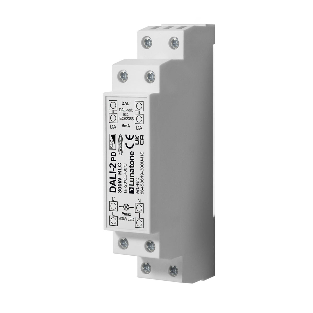 DALI-2 universal phase-cut dimmer 10–300 W, R/L/C, DIN rail – Lunatone