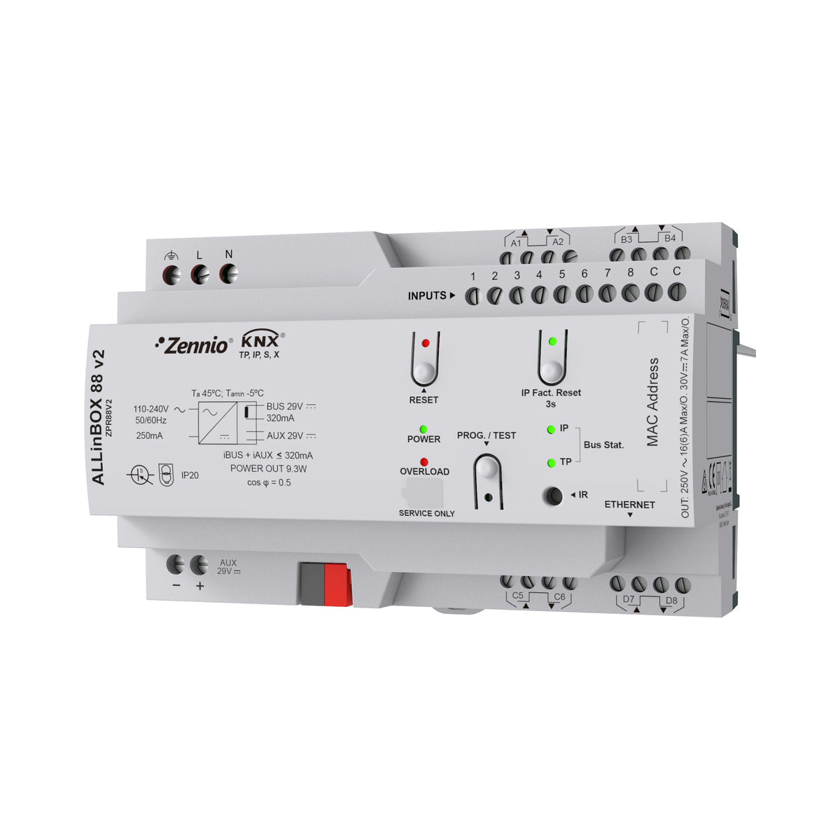 ALLinBOX 88 v2. Multifunction device with KNX power supply, KNX-IP Interface, 8 outputs/8 inputs and logic module by Zennio